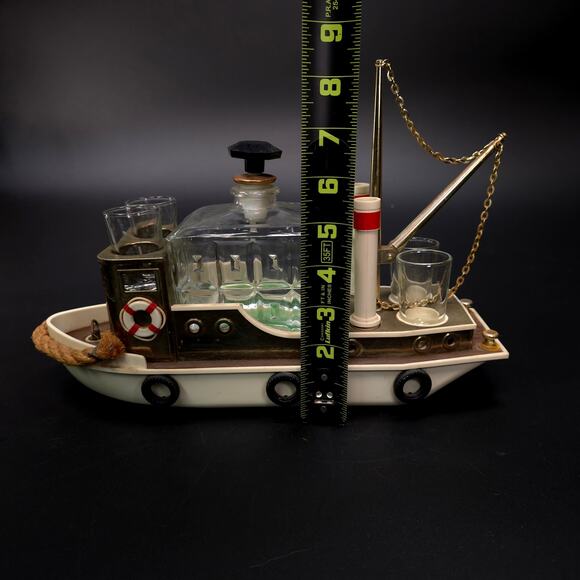 Vintage Music Box Tugboat Decanter w/ 4 Shot Glasses Maritime Home Decor - Picture 9 of 11